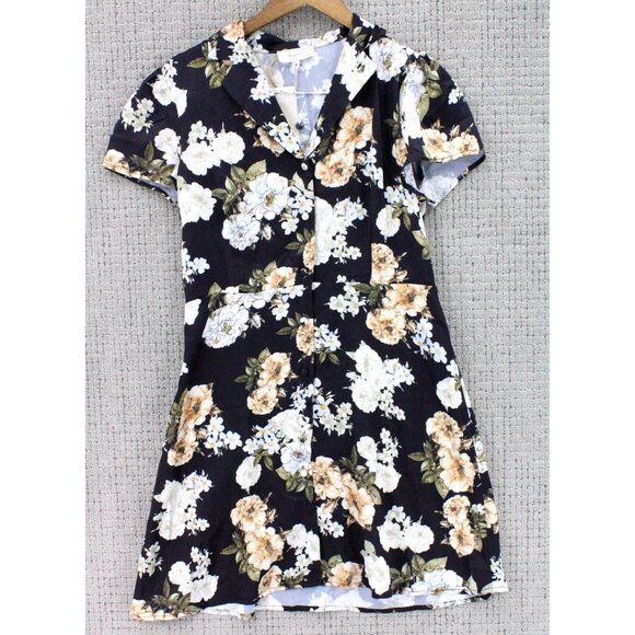 Rihoas Mini Dress Womens Black Floral Button Up Short Sleeve Size Medium NWT - Picture 1 of 7
